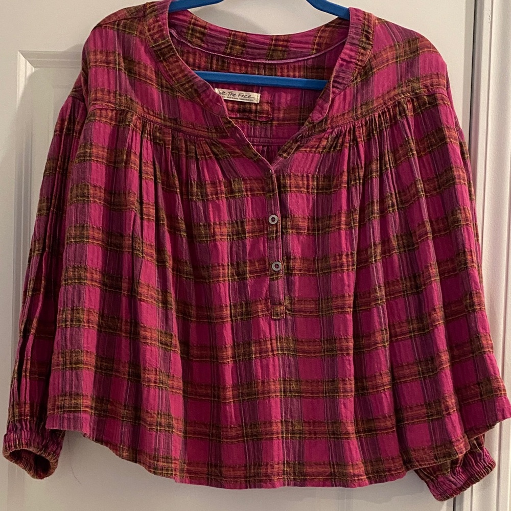 Free People Pink and Brown Plaid Blouse